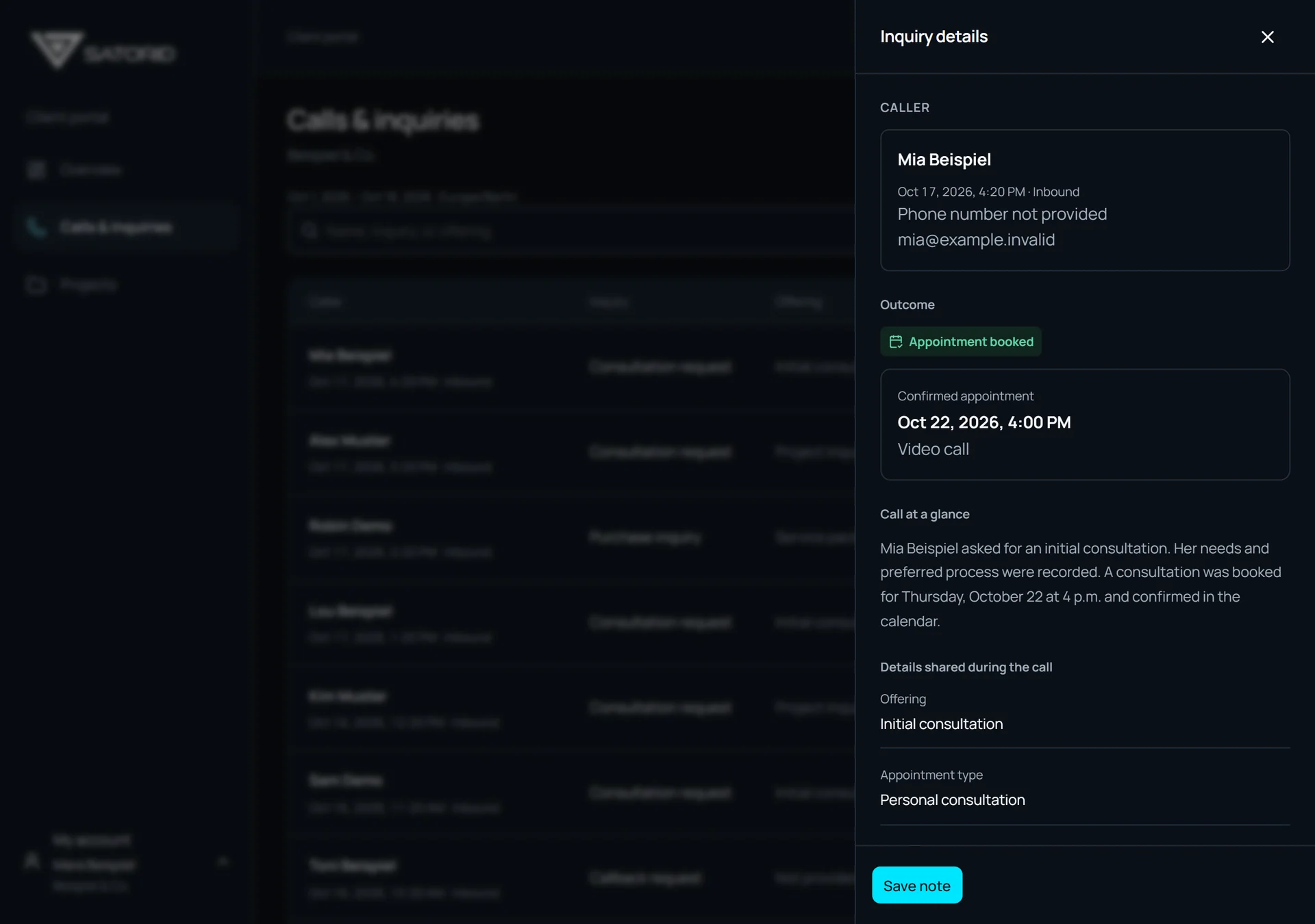 Actual call list and open inquiry detail in the SATORID customer portal. The fictional inquiry from Mia Beispiel shows her request, a summary and a confirmed consultation.