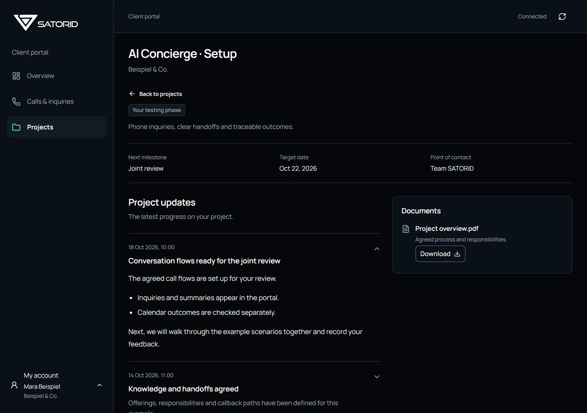Actual project view in the SATORID customer portal: a fictional setup with review status, the next goal and published project updates.
