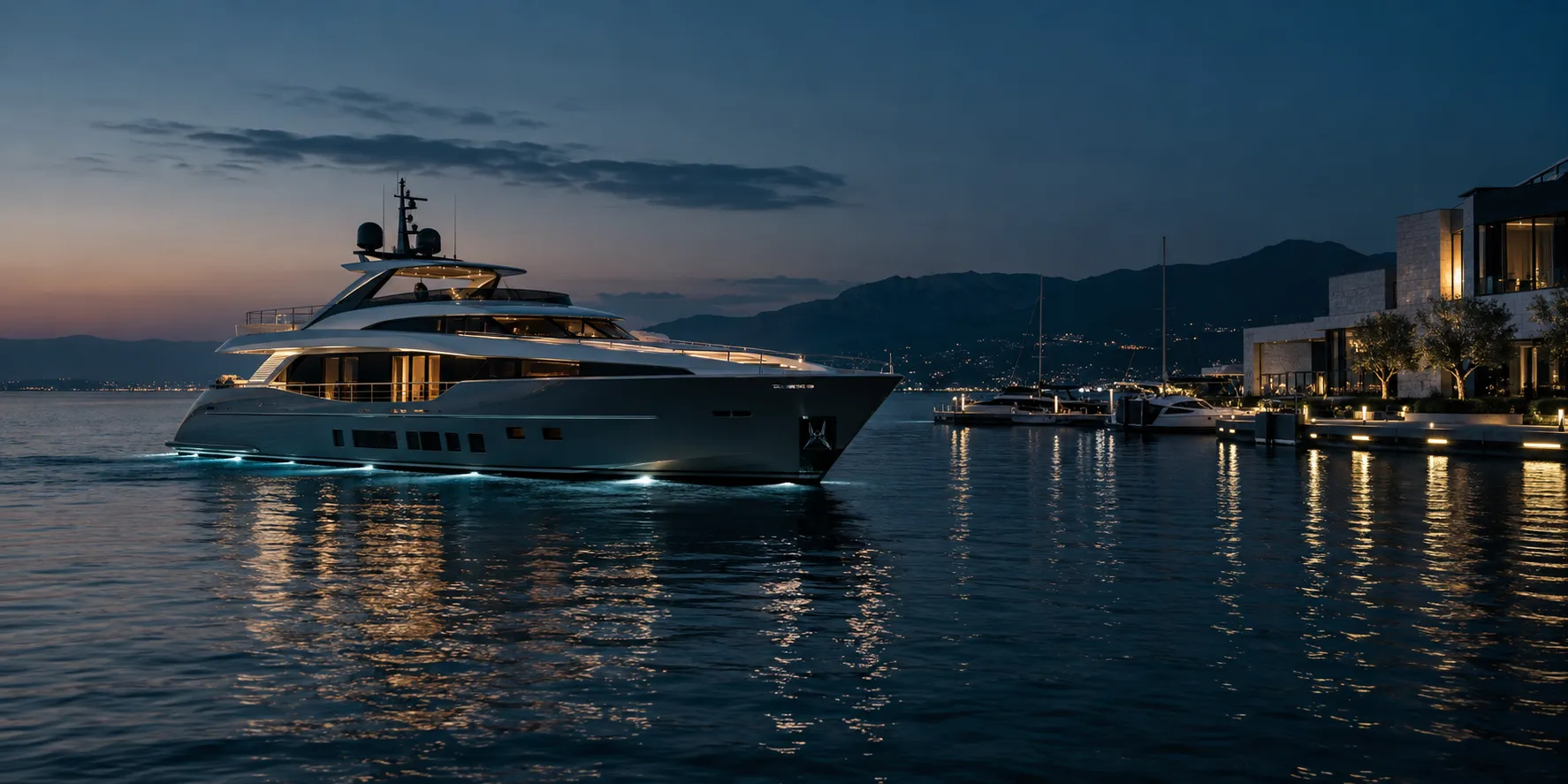 Motor yacht in a quiet marina at dusk